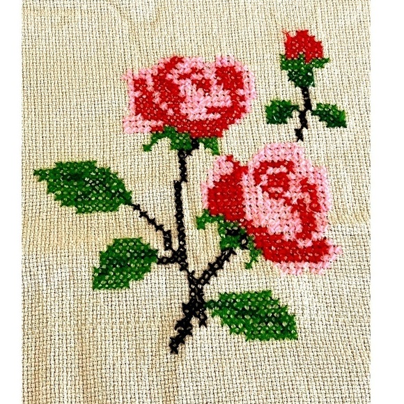 VINTAGE Handmade Rose Cross Stitch Needlepoint 3 Piece Twin Coverlet Bed Set - Picture 7 of 8